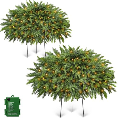 2 Pack 28-Inch Artificial Cedar Tree Urn Filler with Warm White LED Lights