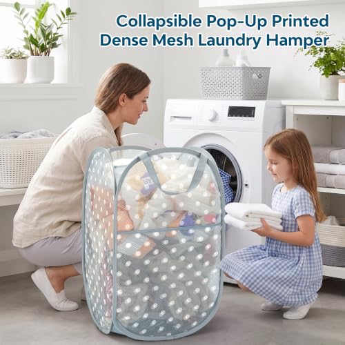 Gray Collapsible Mesh Laundry Basket 75L with Dot Print & Side Pocket