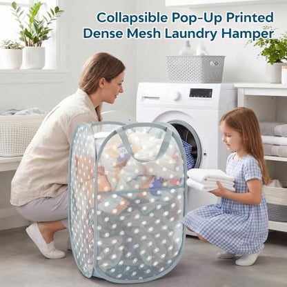 Gray Collapsible Mesh Laundry Basket 75L with Dot Print & Side Pocket