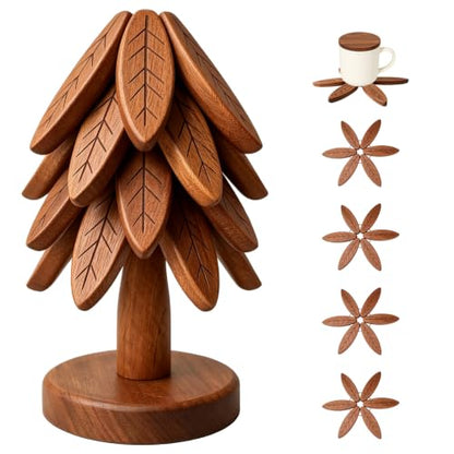 Brown Wooden Christmas Tree Trivet Set - Stackable Hot Dish Protectors