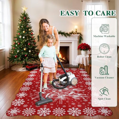 Christmas Area Rug 5x7 Snowflake & Tree - Washable Non-Slip Holiday Carpet