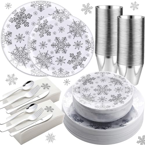 Silver Snowflake Disposable Tableware Set for Holiday Party - 350 Pcs