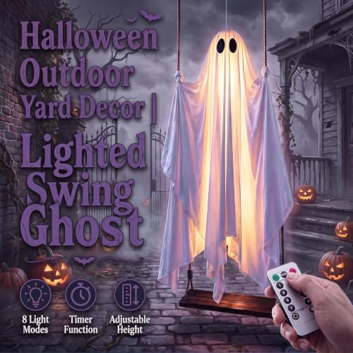 White 5FT Swinging Ghost Halloween Outdoor Decor with Light & Timer