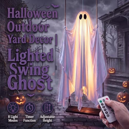 White 5FT Swinging Ghost Halloween Outdoor Decor with Light & Timer