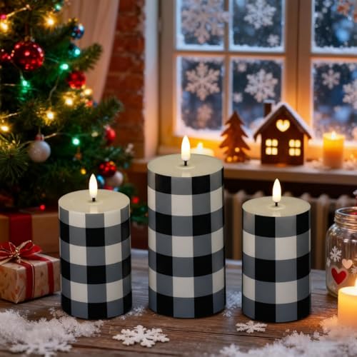 3 Pcs Christmas Buffalo Plaid Flameless Candles - Black & White Holiday Decor