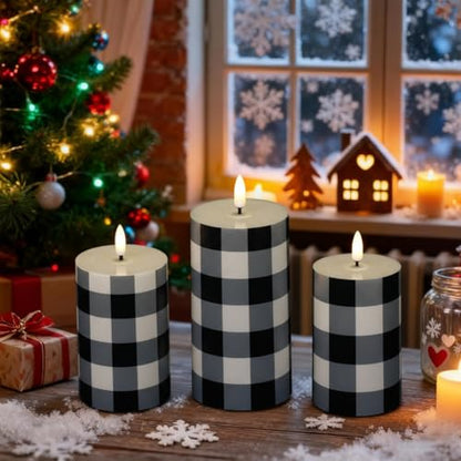 3 Pcs Christmas Buffalo Plaid Flameless Candles - Black & White Holiday Decor