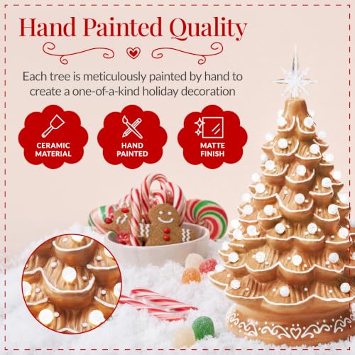 15in Ceramic Christmas Tree with White Bulbs & Star Toppers - Gingerbread Variation