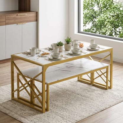 55-Inch Kitchen Dining Table Set for 4 with Benches - Space-Saving Steel Frame and Wood Grain Finish