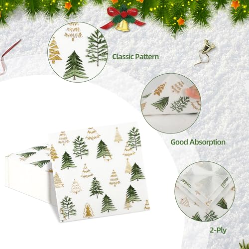Christmas Tree Paper Napkins with Gold Glitter Trees - 100 Pcs, 6.5in - Xmas Trees