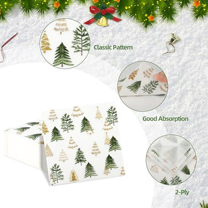 Christmas Tree Paper Napkins with Gold Glitter Trees - 100 Pcs, 6.5in - Xmas Trees