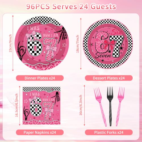 Pink Checkerboard 6-7 Birthday Party Tableware Set - Pink Bow 6-7