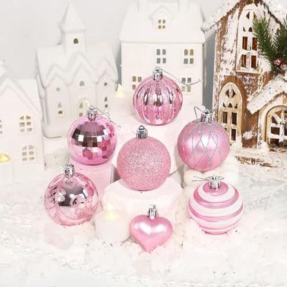 Pink Christmas Tree Ornaments Set with Glittering Balls and Bows - 20 Pieces