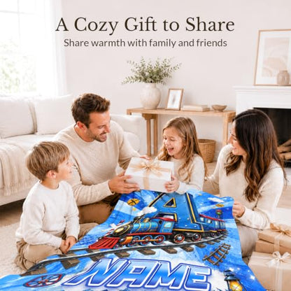 Personalized Kids Blanket for Boys Blue - Custom Train Throw for Toddlers