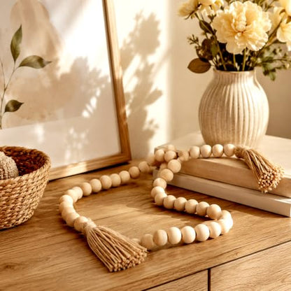 Wood Bead Garland with Tassels - 34 Inch Farmhouse Rustic Home Decor