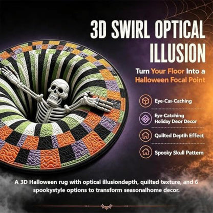 Halloween Optical Illusion Rug 24-79in Skeleton Ghost Pumpkin Pattern Black 80cm
