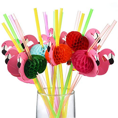 ALINK 50 Flamingo Straws, Plastic Drinking Straws for Tropical Luau Party Supplies/Hawaiian/Birthday/Pool Party Decorations