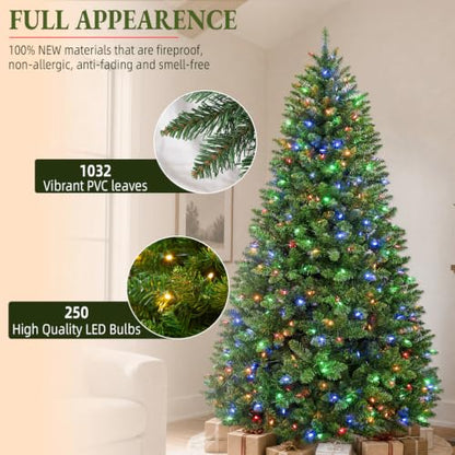 6FT Prelit Artificial Christmas Tree with 1032 Tips, 10 Lighting Modes, Multicolor - Classic Style