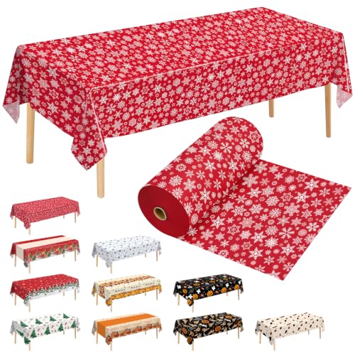 Christmas Disposable Plastic Tablecloth Roll 54 Inch x 300 Feet with Snowflake Pattern - Red