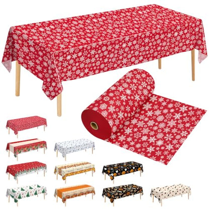 Christmas Disposable Plastic Tablecloth Roll 54 Inch x 300 Feet with Snowflake Pattern - Red