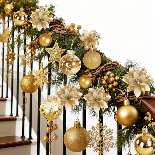 Gold Christmas Tree Decorations Set - 76 Pieces Holiday Ornaments & Poinsettia Flowers