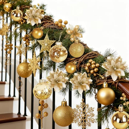Gold Christmas Tree Decorations Set - 76 Pieces Holiday Ornaments & Poinsettia Flowers