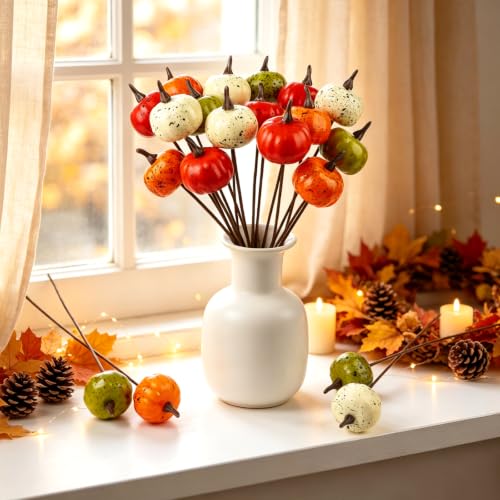 Mini Artificial Pumpkins with Bendable Stems - Fall Decor Set of 20