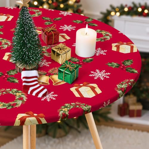 Moosfor Elastic Round Tablecloth for 45-56 Inch Tables - Red & Green, Fitted, Waterproof