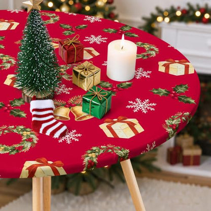 Moosfor Elastic Round Tablecloth for 45-56 Inch Tables - Red & Green, Fitted, Waterproof