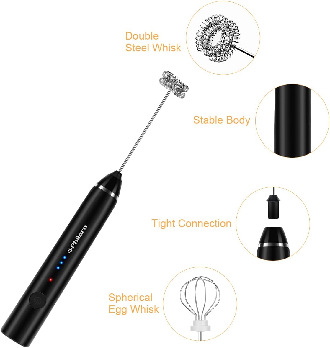 Philorn Milk Frother - Handheld Electric Whisk for Lattes, Cappuccino & More | Rechargeable Mini Foamer (Black)