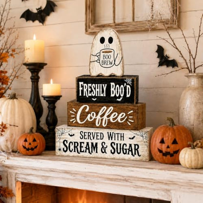 Halloween Wooden Ghost Kitchen Coffee Bar Decor - Cute Ghost Sign Variation