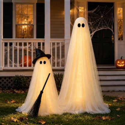 Large Ghost Halloween Yard Decor with Light-Up Spooky Ghost & Witch Broom Set
