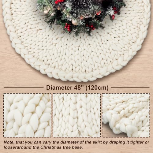 Christmas Tree Skirt Ivory White 48 Inch Chunky Knit Holiday Decor