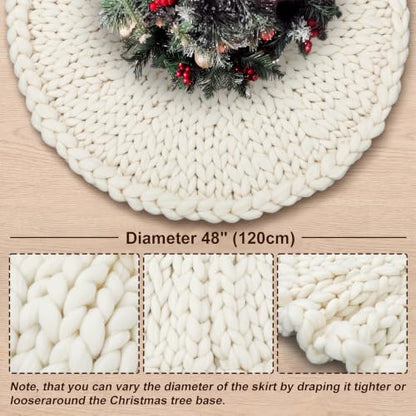 Christmas Tree Skirt Ivory White 48 Inch Chunky Knit Holiday Decor