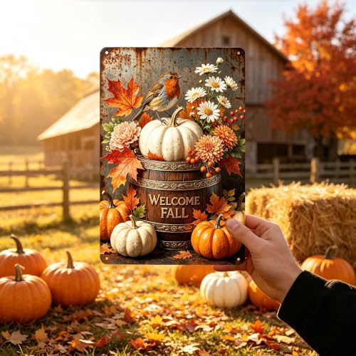 Welcome Fall Tin Sign - Pumpkin Bird Daisy Patio Wall Decor 8x12 - Rustic Autumn Harvest