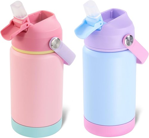 Kerilyn Kids Water Bottles - 12oz Stainless Steel Insulated, Leak-Proof | 2-Pack Cerulean & Charm Pink