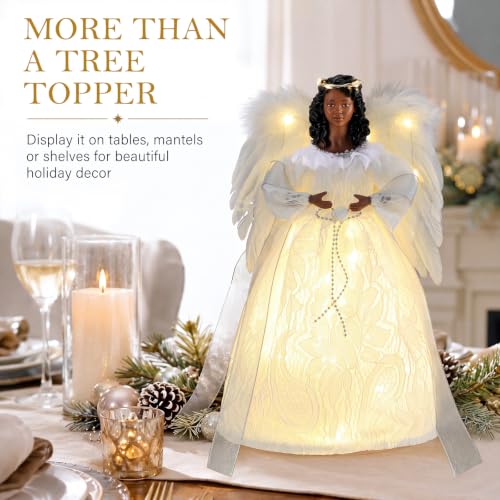 Black Angel Christmas Tree Topper with White Wings - Elegant 12.2 Inch Decor - White / Elegant