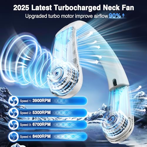 Portable Neck Fan with LED Display, 4 Speeds, 5200mAh Rechargeable Battery