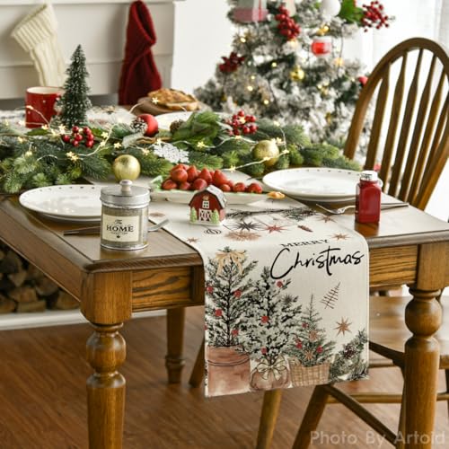 Holly Pine Cone Xmas Table Runner 13x108 Inch Beige Holiday Decor