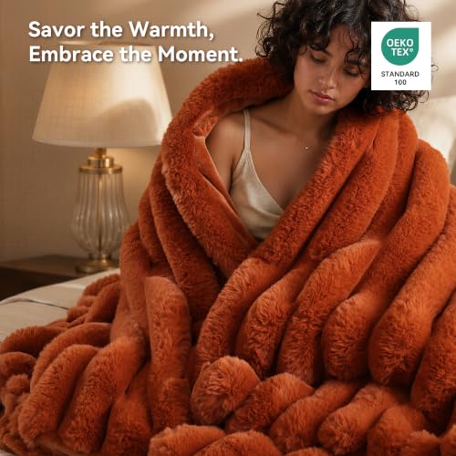 Burnt Orange Faux Rabbit Fur Throw Blanket 50x60 Fluffy Cozy Plush
