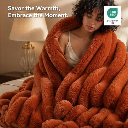 Burnt Orange Faux Rabbit Fur Throw Blanket 50x60 Fluffy Cozy Plush