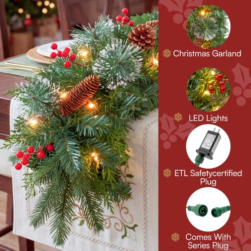 Holly Berries Christmas Garland 9FT Prelit with String Lights for Indoor & Outdoor Decor