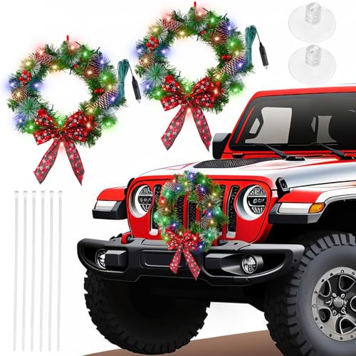12V LED Christmas Car Wreath with Red Bow and Colorful Lights - 13 Inch Artificial Holiday Decoration, 2 Pack, Checkered Bow Variation
