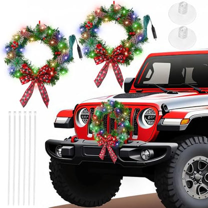 12V LED Christmas Car Wreath with Red Bow and Colorful Lights - 13 Inch Artificial Holiday Decoration, 2 Pack, Checkered Bow Variation
