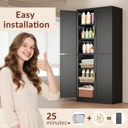 Black 71-Inch Metal Pantry Cabinet with 4 Doors & Adjustable Shelves