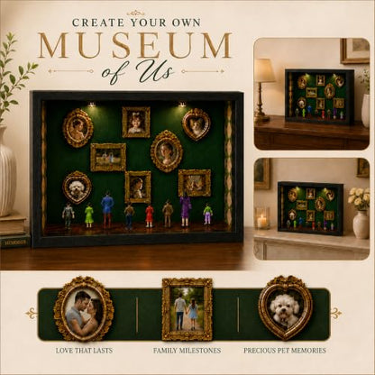 DIY Mini Museum Shadow Box Kit with Gold Frames & Figurines for Personalized Photo Display