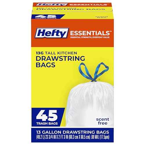 Hefty Essentials Drawstring 13 Gallon Kitchen Trash Bags, 45 Count, Tall Unscented Trash Bags for Kitchens, Home Offices, or Laundry Rooms, Easy to Tie, Lift, and Carry, White