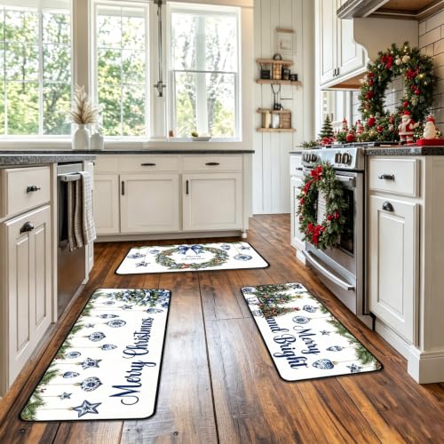 Christmas Kitchen Rugs Set - Blue White Chinoiserie Holiday Mats, 3-Piece