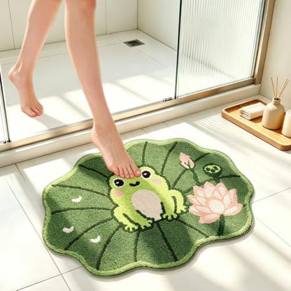 Frog Bath Mat 24x32 Inch, Cute Lotus Leaf Bathroom Rug, Green, Non Slip