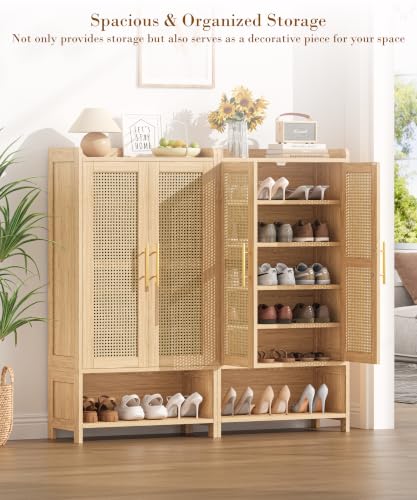 Keehusux Rattan Shoe Cabinet with Doors & Adjustable Shelves - Natural Oak