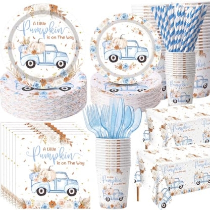Blue and Brown Little Pumpkin Baby Shower Party Tableware Set for 50 Guests